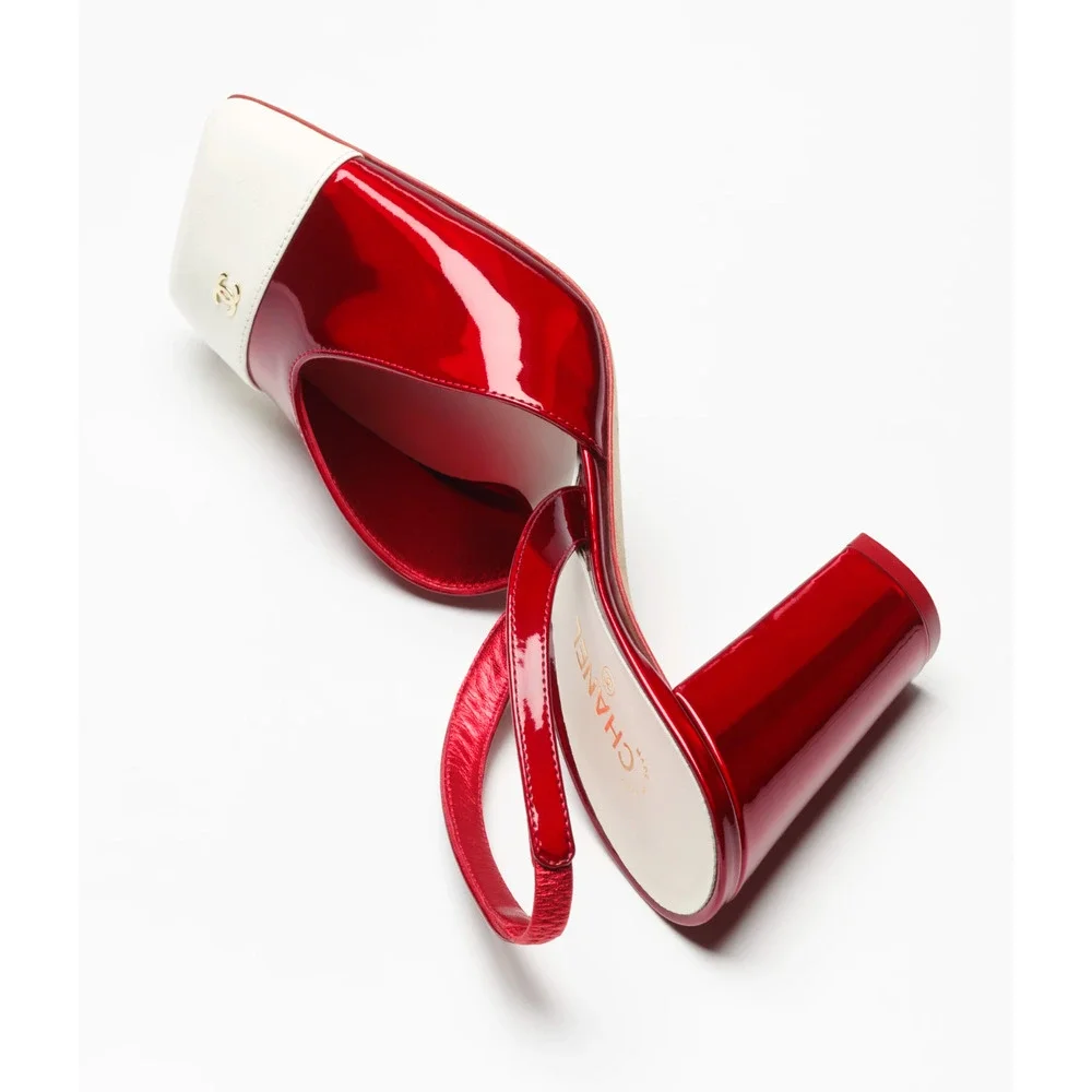 Chanel 26S Blazy Red White Square Toe Sling CC Slingback Block Heel Pump 38.5 - Picture 7 of 16